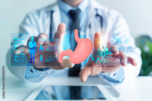 Doctor presenting digital stomach interface for gastroenterology diagnosis