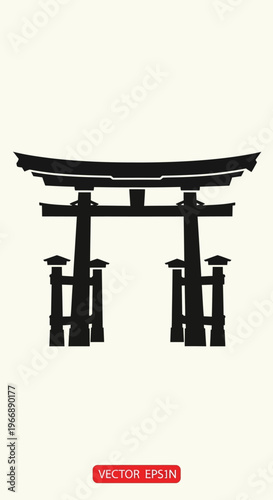 Black Silhouette of Traditional Japanese Torii Gate Icon