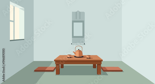 Minimalist Japanese Tea Room Interior with Low Table and Kettle