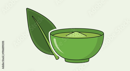 Matcha Green Tea Powder in Bowl with Fresh Leaf Illustration