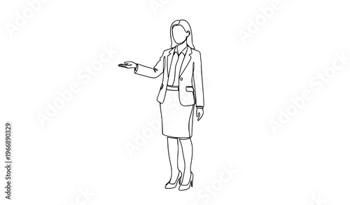 Continuous line business woman presenting gesture minimalist single line corporate illustration vector