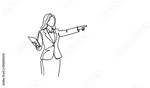 Single continuous line drawing of business woman explaining presentation abstract corporate vector illustration