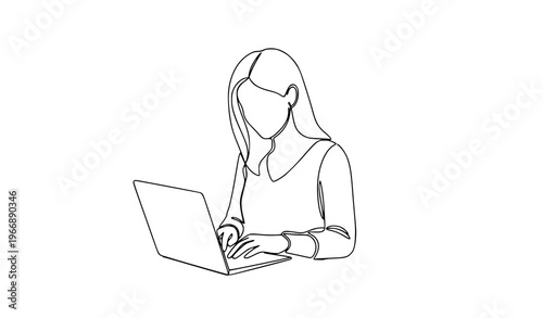 Continuous line woman using laptop minimalist single line working female vector illustration
