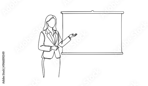 Minimal continuous line business woman presenting concept with gesture corporate single line vector illustration