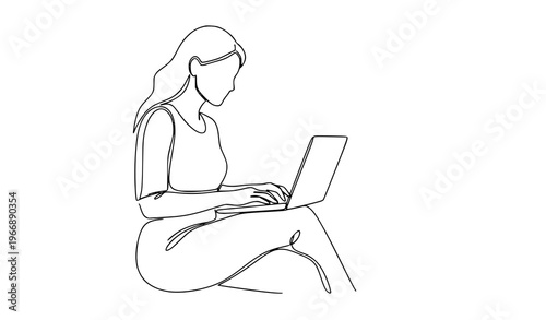 Single continuous line drawing of woman working on laptop abstract female digital work vector illustration