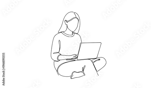 Minimal one line woman with laptop vector illustration female remote work continuous line art