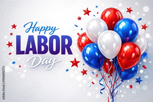 Happy Labor Day greeting card, festive red white and blue balloons with stars, patriotic American holiday celebration background with bokeh lights