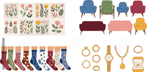 Cozy Home Objects Vector Set with Armchairs, Floral Prints, Socks, and Jewelry Accessories for Interior Design, Fashion Elements, and Lifestyle Illustration Collection