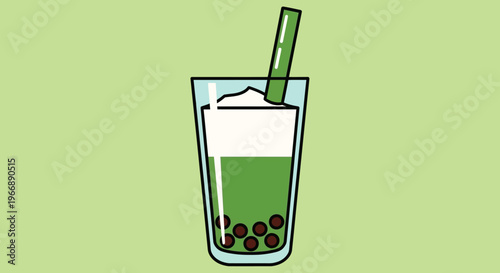 Matcha Bubble Tea Illustration with Tapioca Pearls