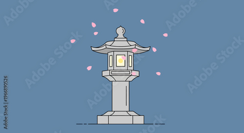 Japanese Stone Lantern with Falling Cherry Blossom Petals Illustration