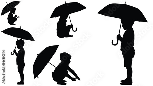 Children Holding Umbrellas Silhouettes Collection, Rainy Day Kids Vector Illustration