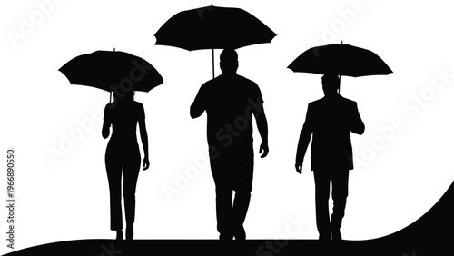people with umbrellas silhouettes collection walking standing rainy weather poses set isolated on white background