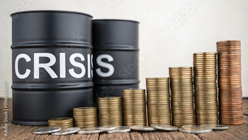 Barrels of oil against of growing stacks of coins the inscription crisis
