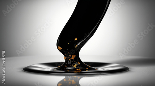 Black viscous liquid pouring down onto a smooth surface, creating concave splashes with gold foil fragments, set against