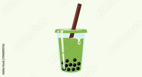 Matcha Bubble Tea with Tapioca Pearls in a Plastic Cup