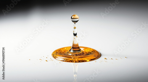 Amber liquid droplet impacts surface, creating a rising column with crown splash, surrounded by tiny scattered droplets,