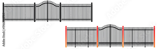 Black Metal Fence and Gate Vector Set Isolated on White Background