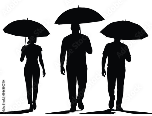 Silhouette of People Walking with Umbrellas in Rainy Weather