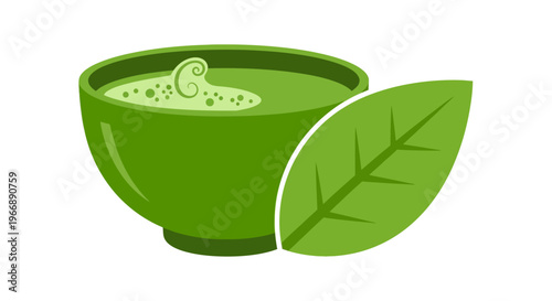 Matcha Tea Bowl with Green Leaf Icon