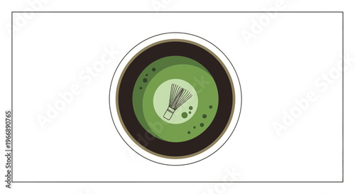 Top View Illustration of Matcha Tea Bowl with Bamboo Whisk