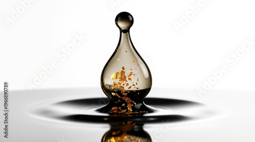 A transparent liquid droplet falls towards the water surface, forming a teardrop shape with golden specks suspended insi