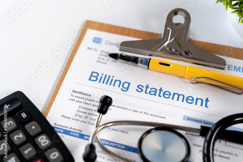 Medical Billing Statement with Calculator Pen and Stethoscope on Clipboard