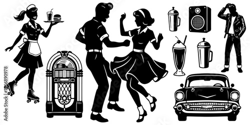 1950s retro diner and rock and roll black silhouettes set. Vector collection of jukebox, vintage car, dancing couple, and waitress on roller skates isolated