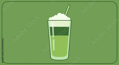 Flat Vector Illustration of a Refreshing Matcha Green Tea Latte in a Glass