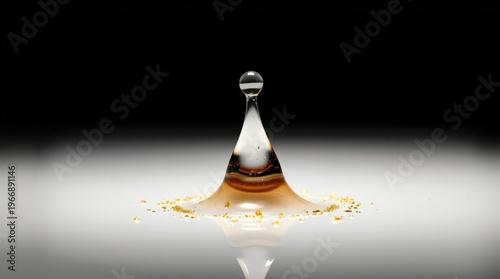 A crown shaped splash forms as a drop hits the liquid surface, with a hanging water droplet and golden particles scatter