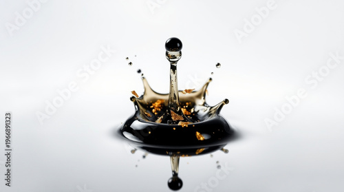 A black liquid drop impacts the surface, creating a crown-shaped splash with a suspended droplet and golden particles in