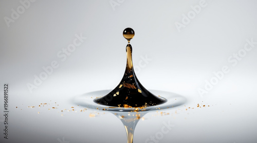 A dark liquid droplet impacts the surface, creating a majestic crown splash with a suspended glistening drop and golden