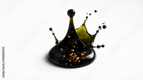 Elegant black liquid forms a crown shape with gold speckles, set against a pure white background, evoking luxury and sop