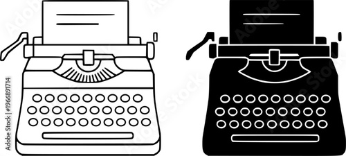 Typewriter vector icon illustration, outline and silhouette, for antique or technology design, transparent isolated background