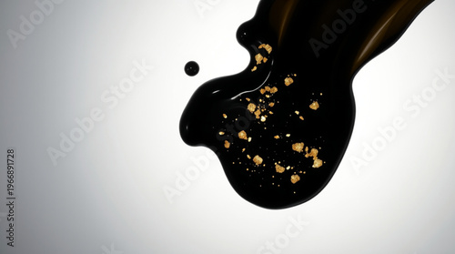 Black liquid flows on a light gray background with golden glitter particles floating on its smooth shiny surface featuri