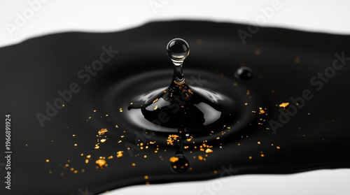 A black liquid surface captures the moment a single droplet falls, forming a crystal-clear water crown with delicate gol