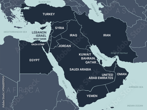 Political middle east asia map, infographic. Detailed middle east arab asia map territory, regional nations. Global asia map middle east borders. Iran, Israel, Saudi Arabia. Vector Illustration