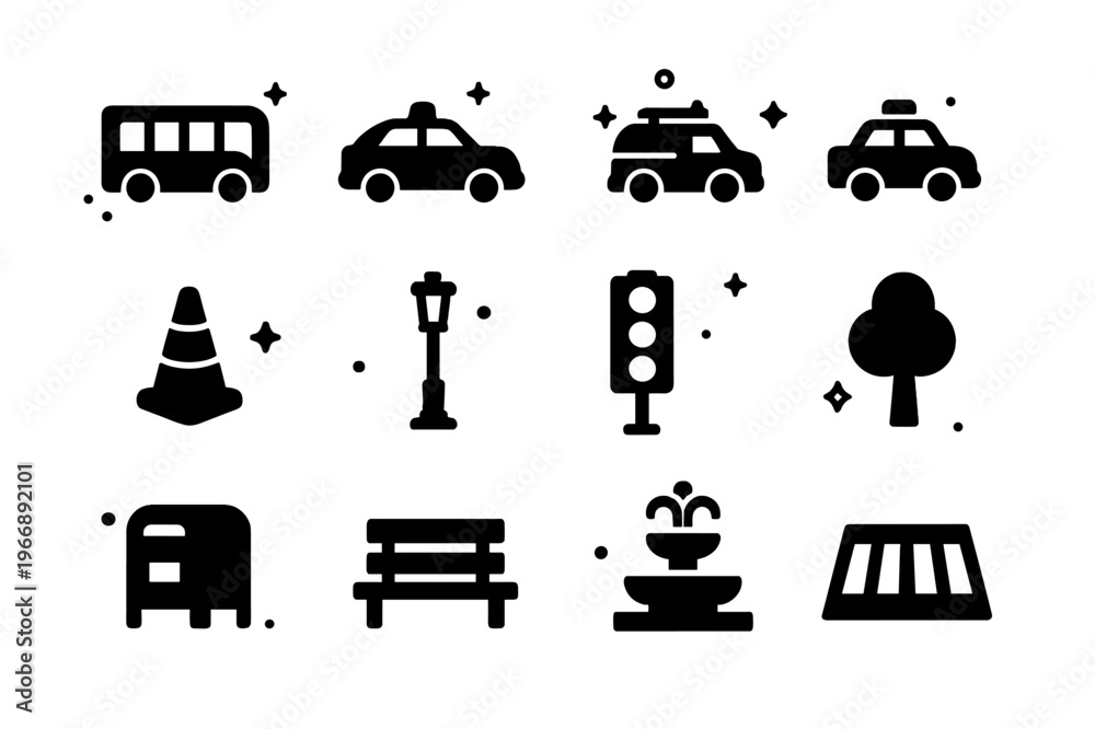 Fototapeta premium City Icons. City Elements. Solid icons set of City Elements: bus, police car, fire truck, taxi, construction cone, lamppost, stoplight, tree,