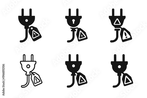 Extension Cord Logo Variations. Extension cord safety. Set Logo of Extension cord safety: grounded plug with warning tag. harmonious logo variations of the