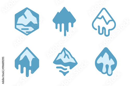 Melting Glaciers Icons. Melting glaciers. Icon set. Set Logo of melting glaciers: global warming ice symbol. harmonious logo variations of the same emblematic