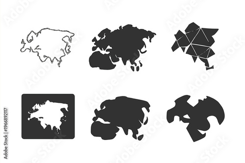 Eurasia Continent Logos. Eurasia. Set Logo of Continent Outline: Minimal outline, Filled silhouette, Abstract geometric, Negative space, Flat solid,