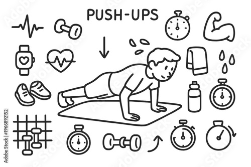 Push-Ups Fitness Doodle. Push-ups. Hand-drawn doodle illustration push-ups person doing push-up, exercise mat, dumbbell, stopwatch, water bottle, towel,