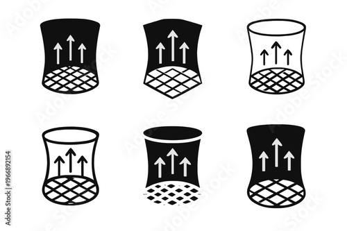 Indoor Skydiving Icons. Indoor skydiving in specialized wind tunnels. Icon set. Set Logo of Indoor skydiving in specialized wind tunnels: mesh net floor with