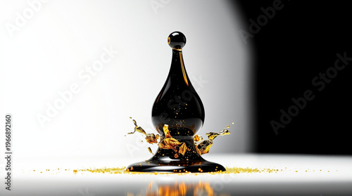 A black droplet falls, colliding with liquid surface, forming a crown splash with golden sparks and dynamic splashes, st