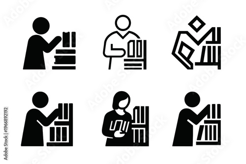 Librarian Logo Variations. Librarians organizing books and resources. Icon set. Set Logo of Librarians organizing books and resources: librarian with books in