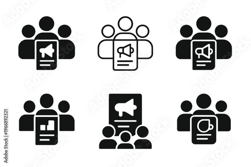Creative Logo Variations. Marketing team discussing campaign strategy. Icon set. Set Logo of Marketing team discussing campaign strategy: creative brief