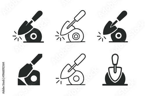 Gardening Tools Logos. Sharpening gardening tools. Icon set. Set Logo of sharpening gardening tools: sharpening wheel sparks. harmonious logo variations of the