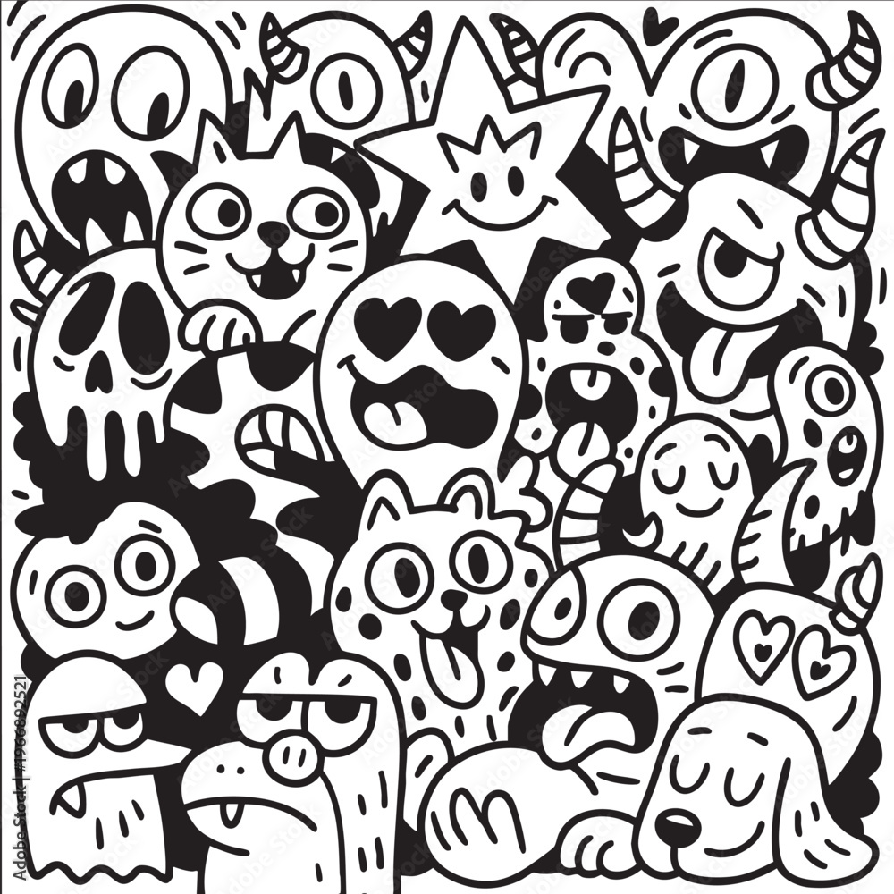 Fototapeta premium Isolated separated layered lineart outline of doodle cartoon animals and monsters with playful