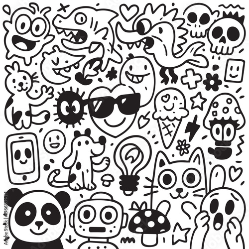 Isolated layered lineart outline of cute doodle animals objects and skulls separated playful