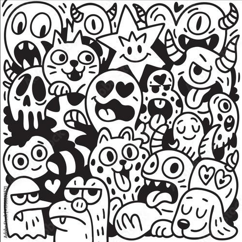 Isolated separated layered lineart outline of doodle cartoon animals and monsters with playful