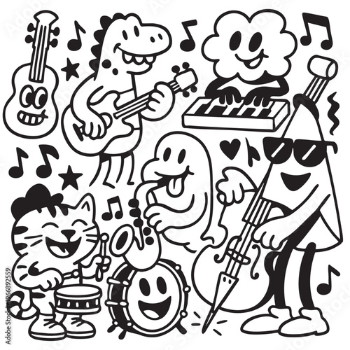 Isolated layered lineart outline of separated cartoon animals and shapes playing musical